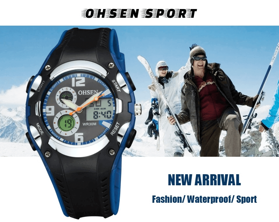 Ohsen Sport digital watch with silicone band, 3Bar waterproof, shock resistant; stylish accessory for outdoor adventures.